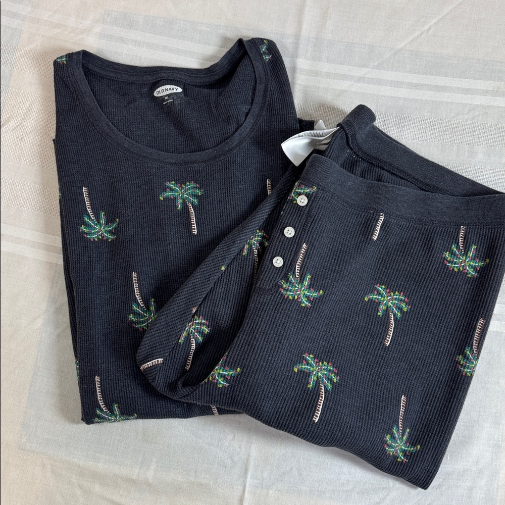 Tropical Christmas Palm Tree Festive Thermal Long Sleeve Pajama Set size XXL